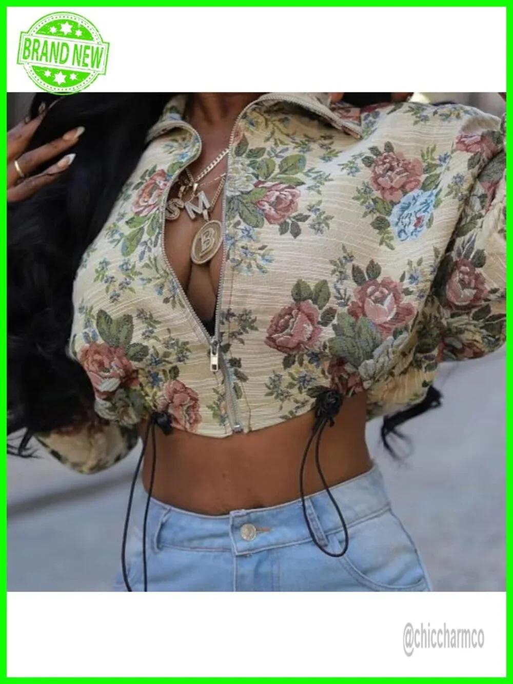 Cropped Bomber Jacket Women Floral Print Long Sleeve Zip Quilted Vintage